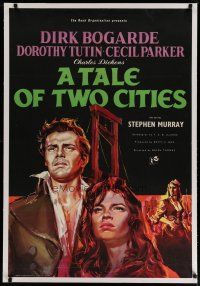 4h206 TALE OF TWO CITIES linen English 1sh '58 great art of Dirk Bogarde on his way to execution!