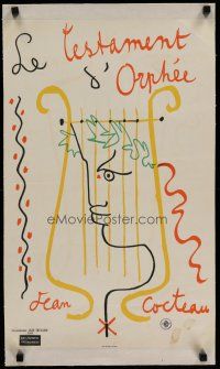 4h157 TESTAMENT OF ORPHEUS linen French 15x24 '59 cool harp artwork by director Jean Cocteau!