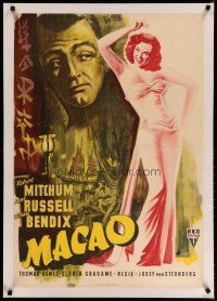 4h194 MACAO linen German '52 Josef von Sternberg, best art of Robert Mitchum & sexy Jane Russell!