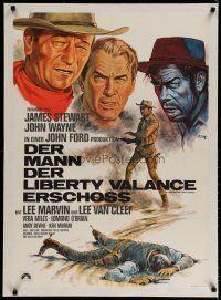 4h195 MAN WHO SHOT LIBERTY VALANCE linen German R67 art of John Wayne & James Stewart by Klaus Dill