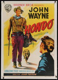 4h321 HONDO linen Spanish '54 John Wayne was a stranger to all but the surly dog at his side!
