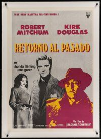 4h329 OUT OF THE PAST linen Spanish R70s Robert Mitchum, Kirk Douglas & Jane Greer, different!