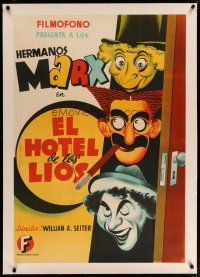 4h334 ROOM SERVICE linen Spanish '45 best artwork of Marx Brothers Groucho, Chico & Harpo!