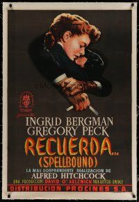 4h336 SPELLBOUND linen Spanish '46 Alfred Hitchcock, art of Ingrid Bergman & Gregory Peck + razor!