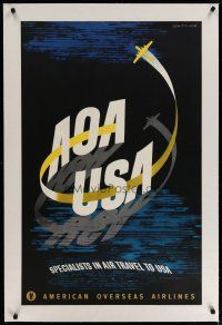 4h037 AMERICAN OVERSEAS AIRLINES linen Swiss travel poster 1948 Lewitt-Him art of flying airplane!