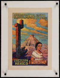 4h039 CHICHEN-ITZA linen Mexican travel poster '50s art of Mayan pyramid El Castillo by Florez-esp!