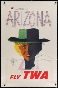 4h038 TWA ARIZONA linen travel poster '50s cool cowgirl & airplane artwork by Austin Briggs!