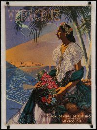 4h040 VERACRUZ linen 18x25 Mexican travel poster '50s art of woman & palm trees art by J. Bueno Diaz