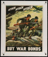 4h044 ATTACK ATTACK ATTACK linen 27x28 WWII war poster '42 Warren art of soldiers advancing!