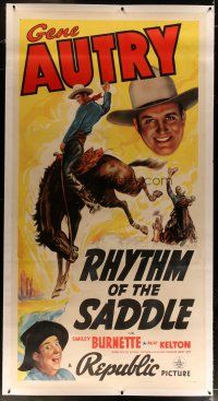 4j273 RHYTHM OF THE SADDLE linen 3sh '38 art of Gene Autry on bucking horse + Smiley Burnette!