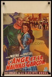 4j083 ANGEL & THE BADMAN Belgian '50 different art of cowboy John Wayne protecting Gail Russell!