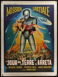 4j166 DAY THE EARTH STOOD STILL linen French 1p R60s different art of Gort holding sexy girl!