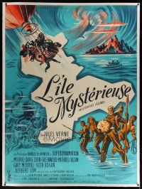 4j179 MYSTERIOUS ISLAND linen French 1p R60s Ray Harryhausen, Jules Verne, art by Boris Grinsson!