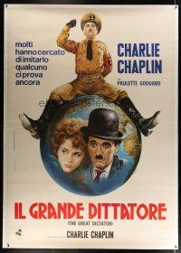 4j191 GREAT DICTATOR linen Italian 2p R1970s different Casaro art of Charlie Chaplin sitting on Earth!