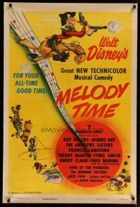 4j099 MELODY TIME 1sh '48 Walt Disney, cool cartoon art of Pecos Bill, Little Toot & more!