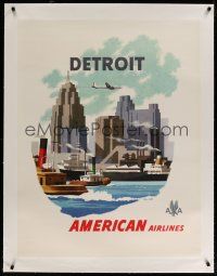 4j133 AMERICAN AIRLINES DETROIT linen travel poster '50s cool art of plane over city by Bern Hill!