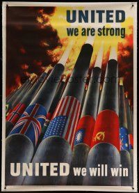 4j130 UNITED WE ARE STRONG linen 40x56 WWII war poster '43 art of cannons & flags by Henry Koerner!