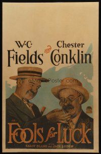 4j013 FOOLS FOR LUCK WC '28 wacky artwork of W.C. Fields pulling Chester Conklin's mustache!
