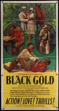 4k009 BLACK GOLD 3sh '27 stone litho, Norman Studios all-black thrilling epic of oil fields!