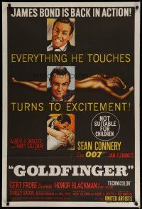 4k163 GOLDFINGER Aust 1sh '64 three great images of Sean Connery as James Bond 007 + golden girl!