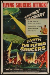 4k034 EARTH VS. THE FLYING SAUCERS 1sh '56 sci-fi classic, cool art of UFOs & aliens invading!