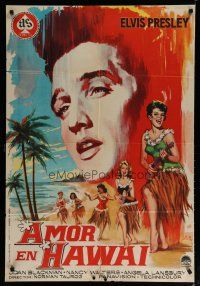 4k355 BLUE HAWAII Spanish '64 different Jano art of Elvis Presley & sexy hula babes on the beach!