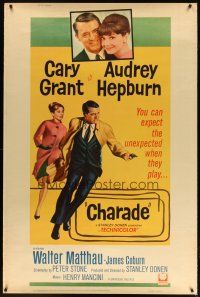 4p358 CHARADE style Y 40x60 '63 Cary Grant & sexy Audrey Hepburn, expect the unexpected!