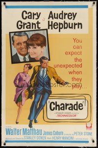 4p307 CHARADE linen 1sh '63 Cary Grant & sexy Audrey Hepburn, expect the unexpected, Stanley Donen!