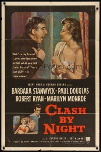 4p020 CLASH BY NIGHT 1sh '52 Fritz Lang, Marilyn Monroe shown + art of Barbara Stanwyck & Douglas!