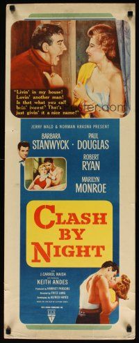4p048 CLASH BY NIGHT insert '52 Fritz Lang, Barbara Stanwyck, Douglas, Ryan, Marilyn Monroe shown!
