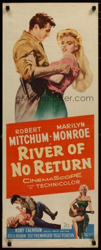 4p054 RIVER OF NO RETURN insert R61 great artwork of Robert Mitchum grabbing sexy Marilyn Monroe!