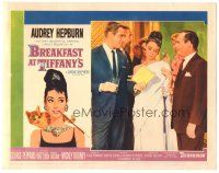 4p444 BREAKFAST AT TIFFANY'S LC #5 '61 elegant Audrey Hepburn between Peppard & Balsam at party!