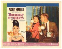 4p445 BREAKFAST AT TIFFANY'S LC #7 '61 Audrey Hepburn & George Peppard drinking coffee & smoking!