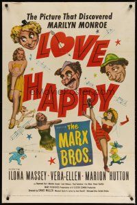 4p023 LOVE HAPPY 1sh R53 Marx Brothers, the picture that discovered sexy Marilyn Monroe!
