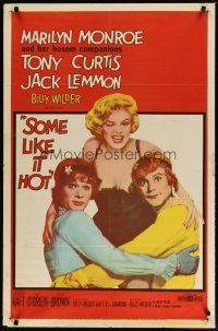 4p029 SOME LIKE IT HOT 1sh '59 sexy Marilyn Monroe with Tony Curtis & Jack Lemmon in drag!