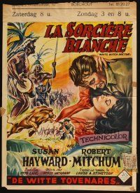 4r324 WHITE WITCH DOCTOR Belgian '54 different art of Susan Hayward & Robert Mitchum in jungle!