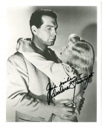 4t538 BARBARA STANWYCK signed 8x10 REPRO still '80s hugging Fred MacMurray in Double Indemnity!