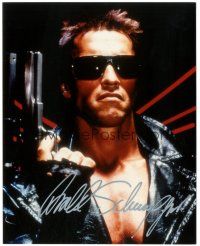 4t528 ARNOLD SCHWARZENEGGER signed color 8x10 REPRO still '90s w/ gun & sunglasses from Terminator!