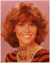 4t623 JANE FONDA signed color 8x10 REPRO still '80s sexy head & shoulders portrait in striped shirt
