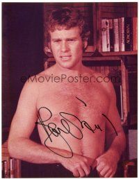 4t749 RYAN O'NEAL signed color 8x10 REPRO still '90s bare-chested close up in front of bookshelf!