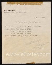 4t043 ISAAC ASIMOV signed letter '87 he wrote a limerick about not getting Chinese royalties!