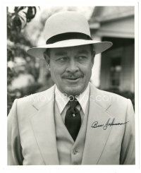 4t268 BEN JOHNSON signed 8x10 still '70s smiling close up wearing great suit & hat!