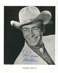 4t585 EDDIE DEAN signed 8x10.25 REPRO still '90s smiling cowboy western close up portrait w/ hat!