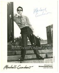 4t424 MARSHALL CRENSHAW signed 8x10 music publicity still '80s full-length in suit with briefcase!