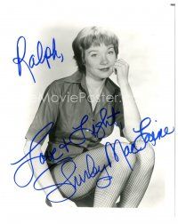 4t758 SHIRLEY MACLAINE signed 8x10 REPRO still '90s seated smiling portrait in fishnet stockings!