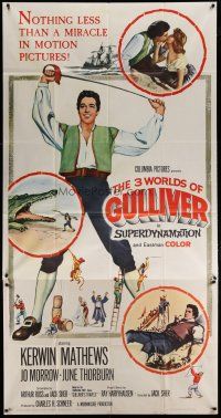 4w580 3 WORLDS OF GULLIVER 3sh '60 Ray Harryhausen fantasy classic, art of giant Kerwin Mathews!