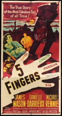 4w583 5 FINGERS 3sh '52 James Mason, Danielle Darrieux, true story of the most fabulous spy!