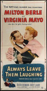 4w592 ALWAYS LEAVE THEM LAUGHING 3sh '49 great romantic image of Milton Berle & Virginia Mayo!