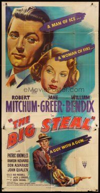 4w620 BIG STEAL 3sh '49 art of Robert Mitchum, Jane Greer & William Bendix, Don Siegel noir!