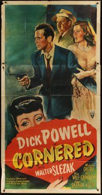 4w660 CORNERED 3sh '46 great artwork of Dick Powell pointing gun + Walter Slezak & top cast!